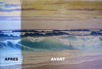 Nettoyage d'un tableau "la mer" avant et après Labrat Art Painting