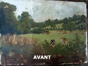 Restauration d'un tableau un champs vaches "avant" Labrat Art Painting